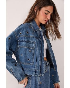 Nasty Gal Eyelet Utility Zip Through Denim Jacket - Blue