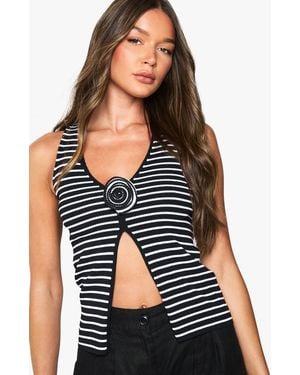 Boohoo Stripe Floral Corsage Crochet Knitted Waistcoat - Black