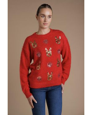 Tokyo Laundry Sequin Reindeer Christmas Jumper - Red