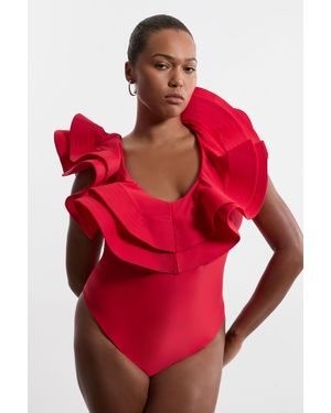 Karen Millen Plus Size Drama Frill Swimsuit - Red