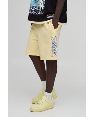 BoohooMAN Regular Fit Slogan Washed Loopback Jersey Short - Black