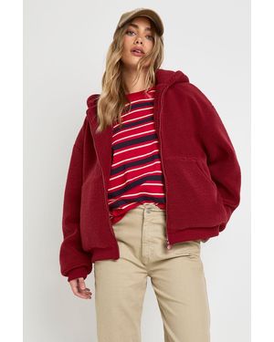 Boohoo Hooded Teddy Zipper Jacket - Red