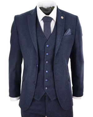 TruClothing 3 Piece Wool Tweed Vintage Retro Suit Velvet - Blue