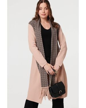 Izabel London Printed Fringed Scarf Detail Long Jacket - Natural