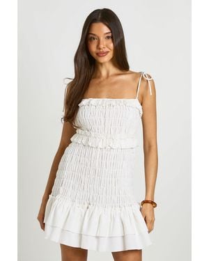 Boohoo Linen Look Shirred Drop Hem Mini Dress - White