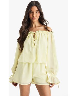Boohoo Chiffon Bardot Dropped Waist Playsuit - Natural