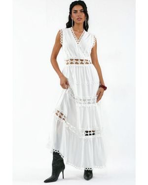 Msn-Collection Sleeveless Lace V-Neck Maxi Dress - White