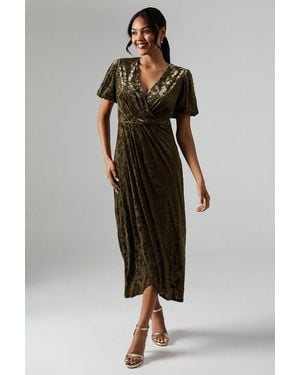 Debut London By Coast Puff Sleeve Wrap Skirt Devore Midi Dress - Green