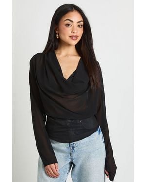 Boohoo Chiffon Cowl Neck Long Sleeve Blouse - Black