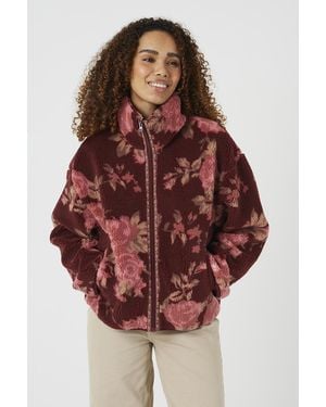 Brave Soul Sherpa Fleece Floral Print Sweatshirt - Red