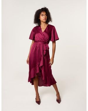 Blue Vanilla Satin Wrap Frill High To Low Midi Dress - Red