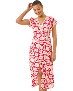Roman Daisy Print Lace Trim Midi Dress - Red