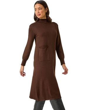 Roman Pocket Detail High Neck Knit Dress - Brown