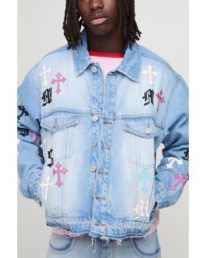 BoohooMAN Boxy Fit Pu Applique Jean Jacket - Blue
