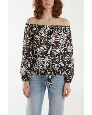 Blue Vanilla Tie Front Bardot Top - Black