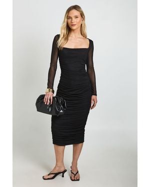 Boohoo Petite Square Neck Ruched Mesh Midaxi Dress - Black