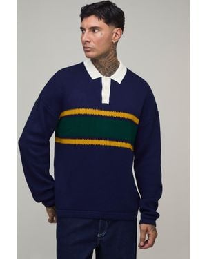 BoohooMAN Tall Relaxed Pique Colour Block Knitted Long Sleeve Polo - Blue