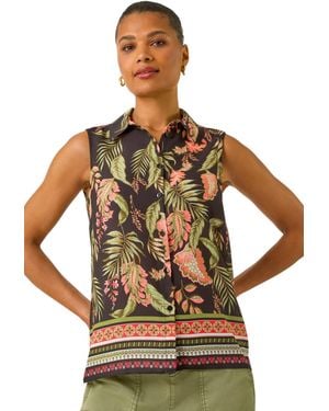 Roman Floral Border Print Button Blouse - Metallic