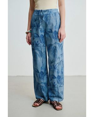 GUSTO Printed Denim Effect Wide Leg Trousers - Blue