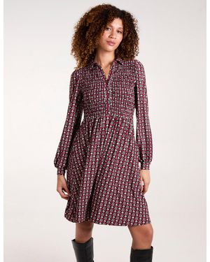 Blue Vanilla Shirred Bust Long Sleeve Mini Shirt Dress - Purple