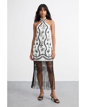 Warehouse Embroidered Fringe Mini Dress - White