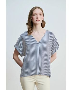 GUSTO V-Neck Striped Blouse - Blue
