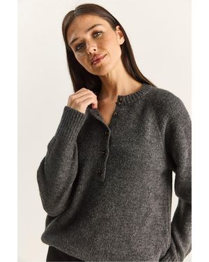 Bianco Lucci Relaxed Fit Button Collar Knit Jumper - Black
