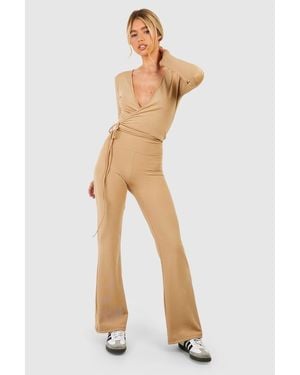 Boohoo Fold Over Waist Woven Tab Flared Yoga Trousers - White