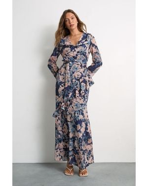 Warehouse Long Sleeve Cowl Neck Floral Print Ruffle Detail Maxi Dress - Multicolour