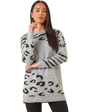 Roman Petite Animal Print Longline Stretch Jumper - Grey