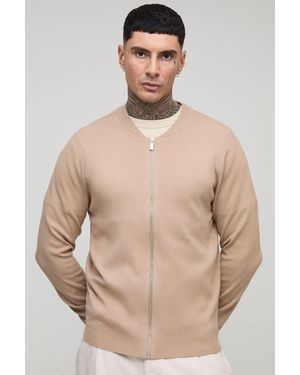 BoohooMAN Tall Essential Regular Fit Knitted Bomber Jacket - Natural