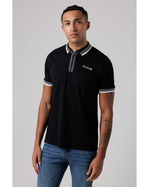 Firetrap Regular Fit Cotton Zip Polo Shirt With Gradient Stripes - Black