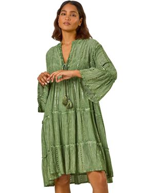 Roman Shimmer Tie Detail Smock Dress - Green