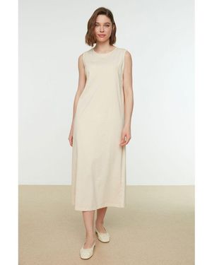 Trendyol Crew Neck Maxi Modest Dress Cotton - Natural