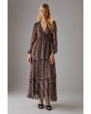 Warehouse Chiffon Cut Out Waist Ruffe Maxi Dress - Brown