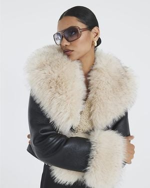 River Island Biker Jacket Faux Fur Leather - Natural
