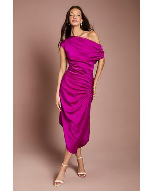 Coast Satin Ruched One Shoulder Asymmetric Hem Midi Dress - Pink