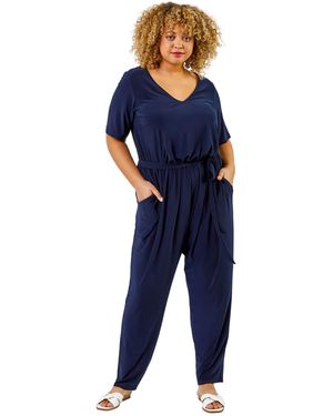 Roman Curve Tie Waist Jersey Jumpsuit - Blue