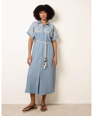 Blue Vanilla Floral Cutwork Embroidery Dress - Blue