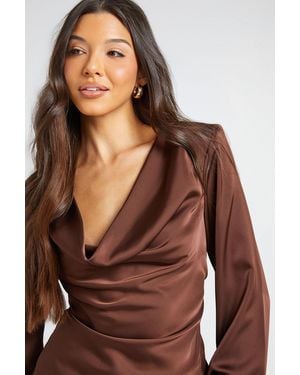 Boohoo Long Sleeve Satin Cowl Neck Top - Brown