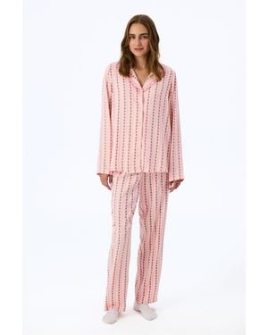 Penti Light Floral Ruffled Long Sleeve Shirt Trousers Pyjama Set - Pink