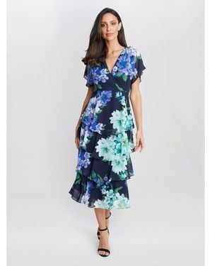 Gina Bacconi Marie Midi Printed Tiered Dress - Blue