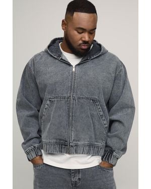 BoohooMAN Plus Washed Denim Zip Up Hoodie - Grey