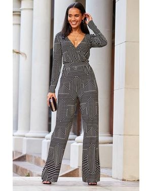 Sosandar Geometric Print Wrap Front Wide Leg Jumpsuit With Pockets - Grey