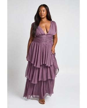 Boohoo Plus Ruffle V Neck Maxi Dress - Purple