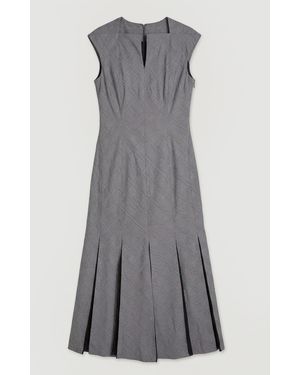 Karen Millen Soft Tailored Check Godet Detail Midi Dress - Grey