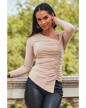 Sosandar Taupe Asymmetric Detail Ruched Top - Green