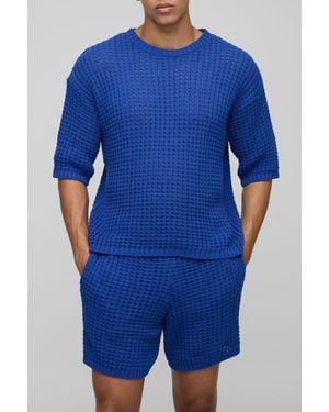 BoohooMAN Regular Fit Open Tuck Stitch Knitted Shorts Set - Blue