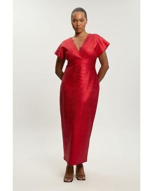 Karen Millen Plus Size Foil Metallic Figure Form Angel Sleeve Knit Maxi Dress - Red