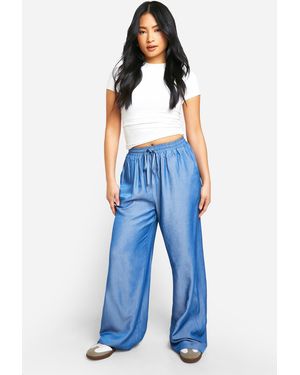 Boohoo Petite Chambray Tie Waist Wide Leg Trouser - Blue